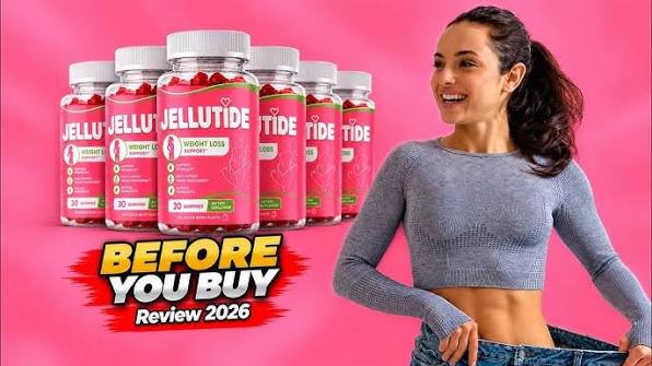 Six Jellutide bottles next to a smiling woman showing her loose jeans after weight loss