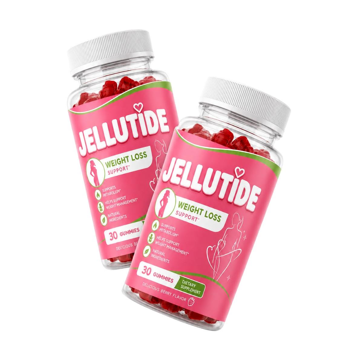 Two bottles of Jellutide Weight Loss Support gummies, 30 gummies each, berry flavor